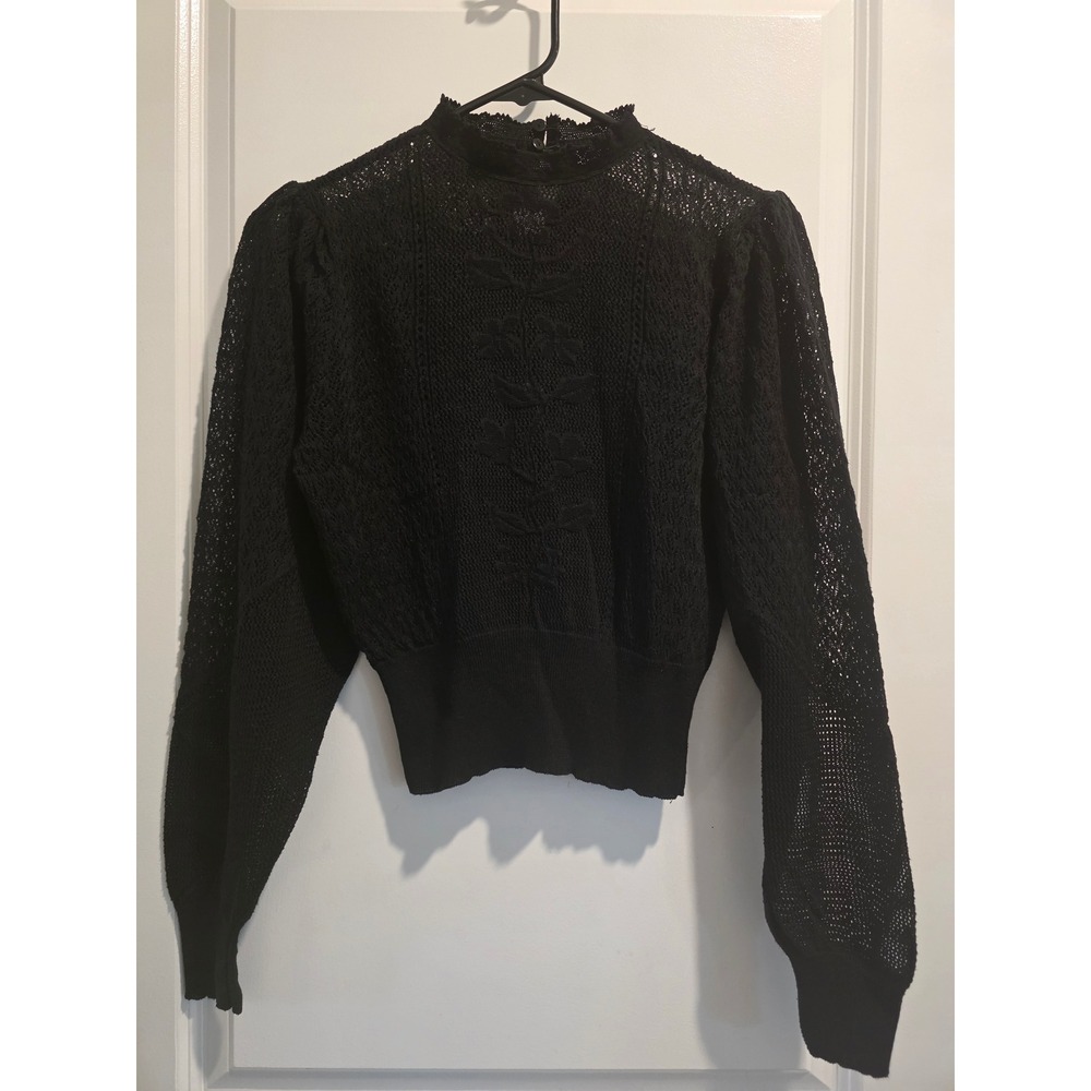 Women's Zara Black Pointelle Knit Floral Mock Neck Puffed Sleeve Sweater Top
